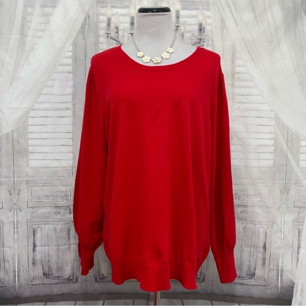 Calvin Klein Size 2X Plus Pullover Crew neck Red Balloon Sleeve Viscose Buttons
